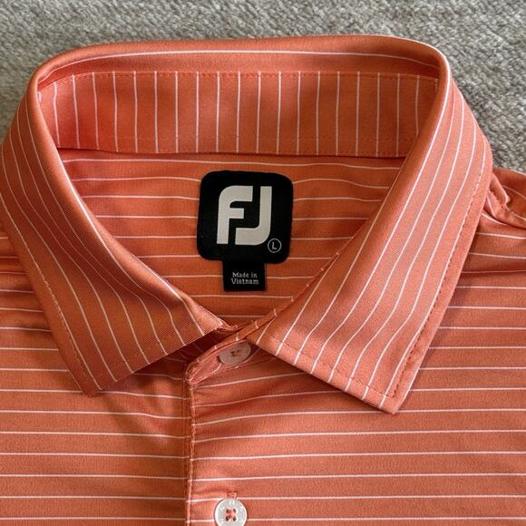 FootJoy Mens L Golf Polo Shirt Performance Orange Ivory Stripe Short Sleeve - Picture 4 of 5